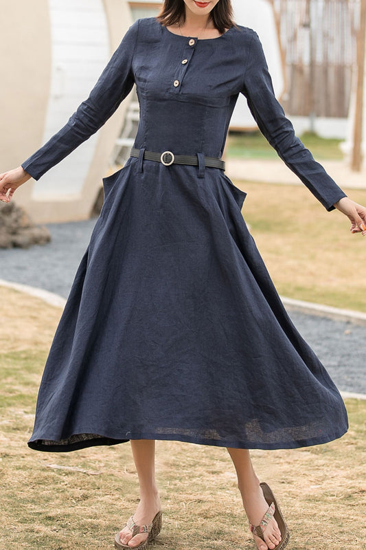 Long sleeves spring linen dress with pockets 2860
