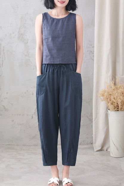 Blue Checked linen Tank Top 3338