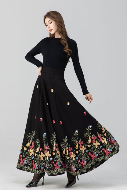 Classic Black Wool Maxi Skirt – Floral Embroidery Hem, A-Line – 5270