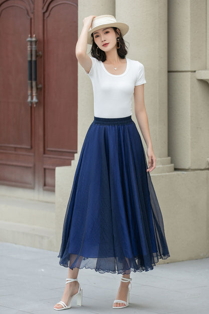 Blue Chiffon Midi Skirt - A-Line Swing with Elastic Waistband 5109