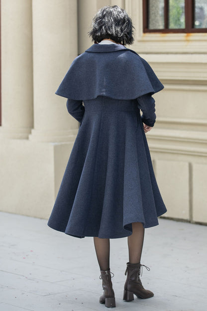 Navy Blue Wool Coat – Vintage Winter Cape Overcoat with High-Low Hem 5352