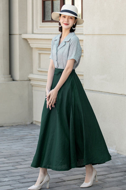 Green Linen Wrap Maxi Skirt - A-Line Flowy Silhouette 5748