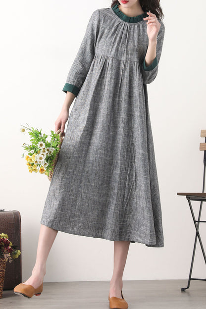 Loose fitting patchwork gray linen dress 2578