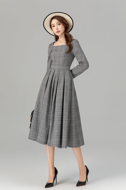 Plaid Linen Midi Dress - Swing Silhouette with Long Sleeves 4935