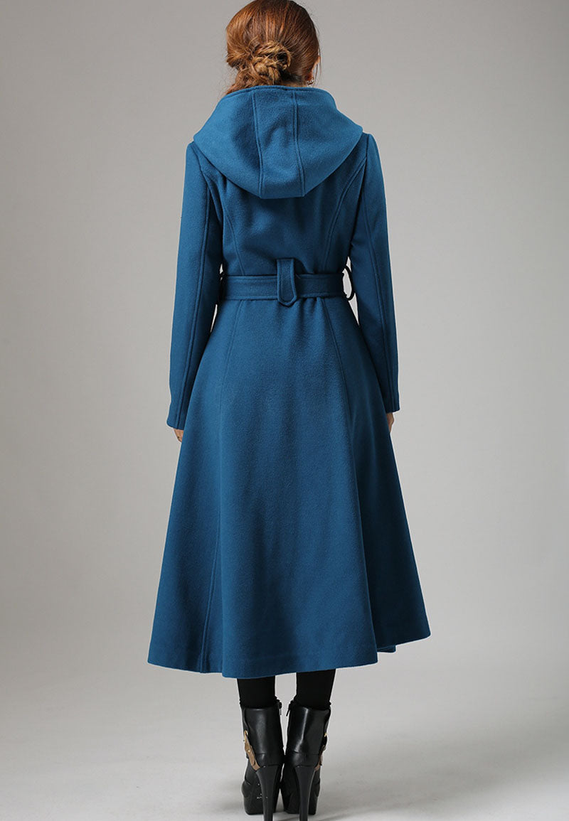 Handmade Teal Blue Wool Hooded Coat – Elegant Fit and Flare Winter