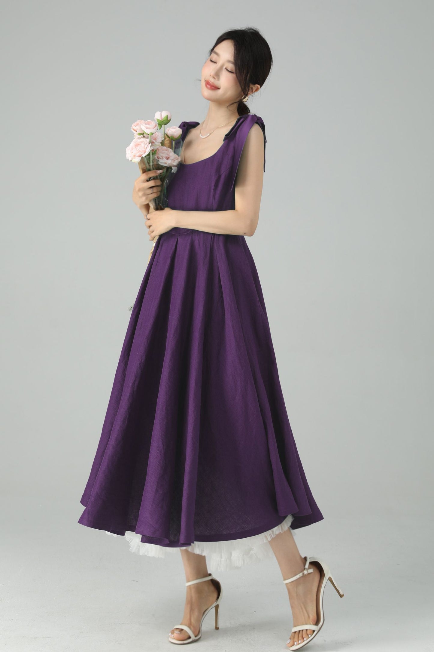 Purple Linen Midi Dress – Handmade Square Neck Fit-and-Flare Dress 6675