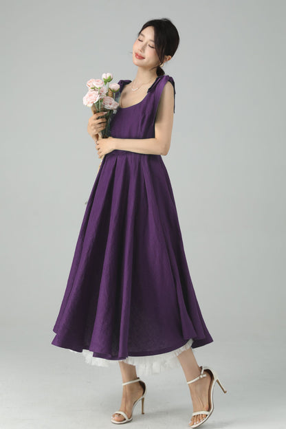 Purple Linen Midi Dress – Handmade Square Neck Fit-and-Flare Dress 6675
