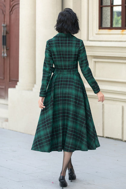 Green Plaid Wool Swing Dress – Vintage Belted Midi Fit & Flare 5343