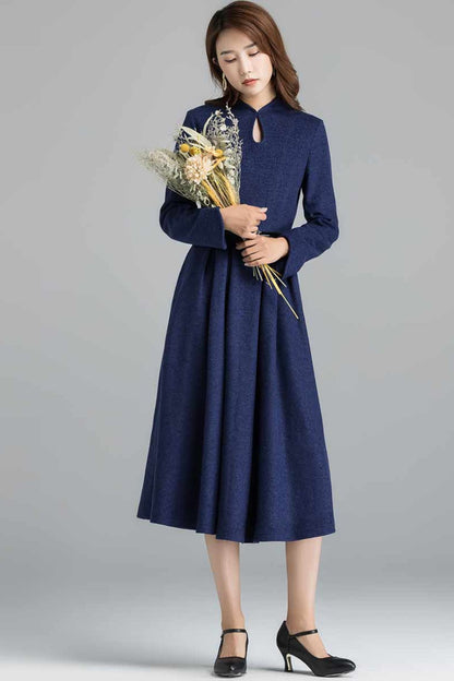 Blue Wool Midi Dress - Mandarin Collar, Pleated A-Line Silhouette 2401