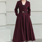 Burgundy Wool Wrap Midi Dress — Elegant Tie‑Waist A‑Line for Office 6512