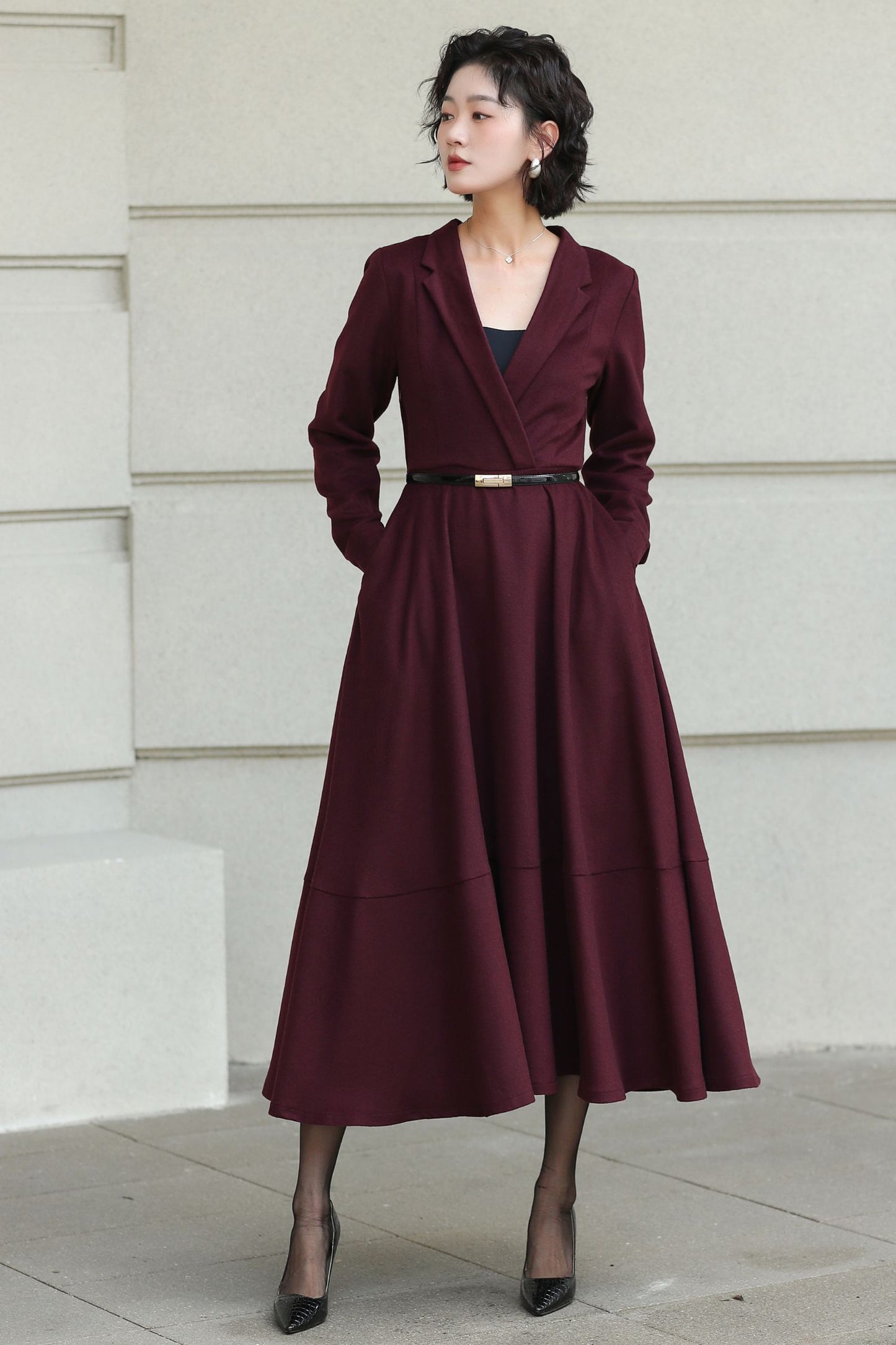 Burgundy Wool Wrap Midi Dress — Elegant Tie‑Waist A‑Line for Office 6512