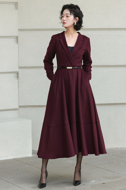 Burgundy Wool Wrap Midi Dress — Elegant Tie‑Waist A‑Line for Office 6512