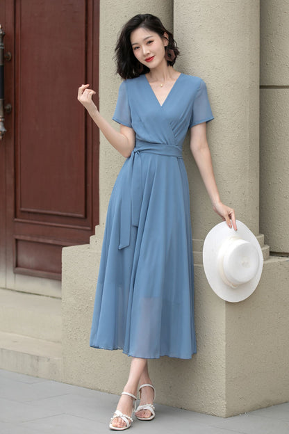 Light Blue Chiffon Dress – Fit & Flare Summer Swing Midi | Xiaolizi 5206