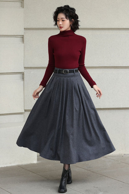 Handmade Vintage Wool Skirt – Gray Pleated A-Line Midi Skirt for Winter 6613