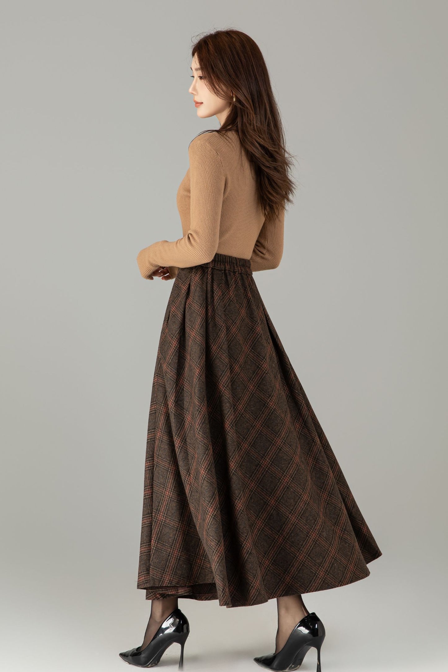 Handmade Wool Blend Plaid Skirt – Vintage Long A-Line Maxi for Autumn Winter 6505