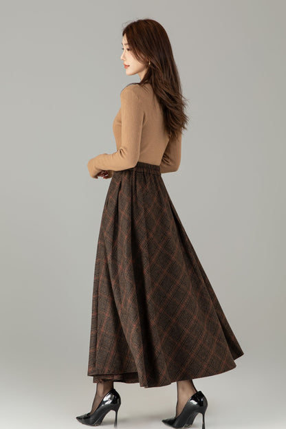 Handmade Wool Blend Plaid Skirt – Vintage Long A-Line Maxi for Autumn Winter 6505
