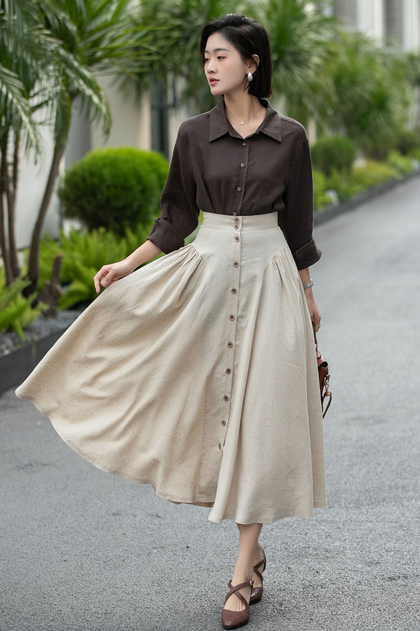 Beige Linen Midi Skirt – High Waist A-Line Button Front Skirt 6666