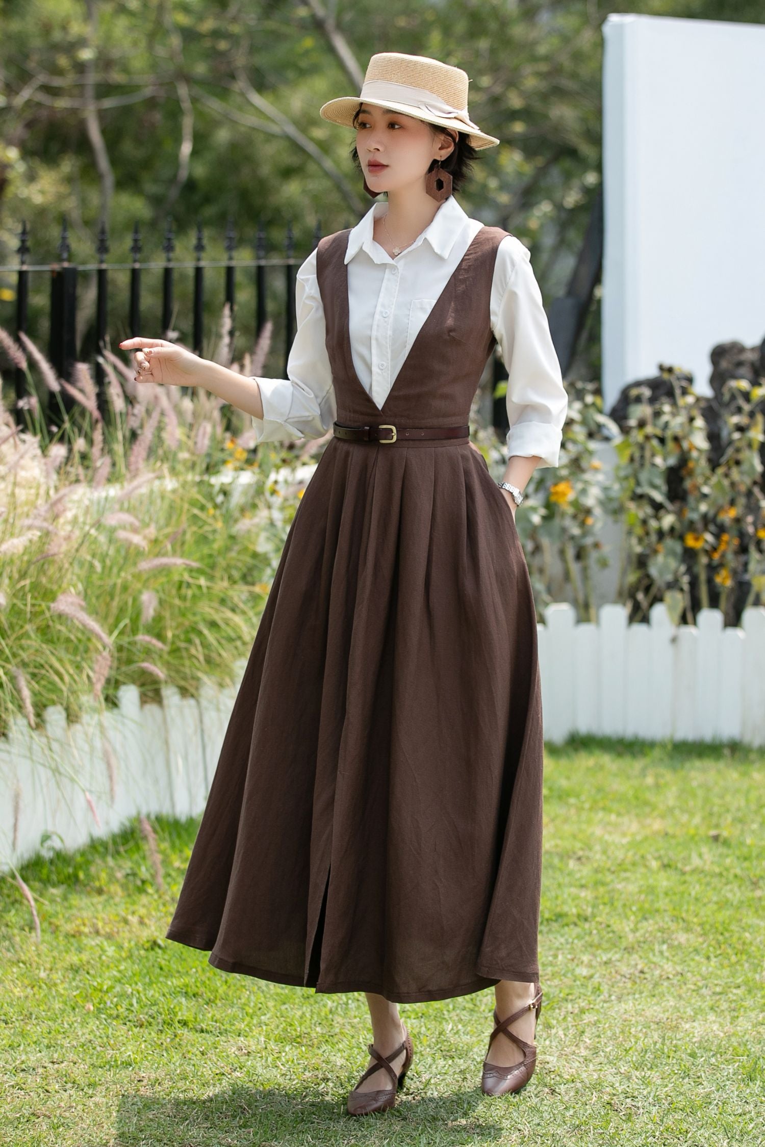 Brown Linen Cotton Pinafore Dress - Deep V Neck | Xiaolizi