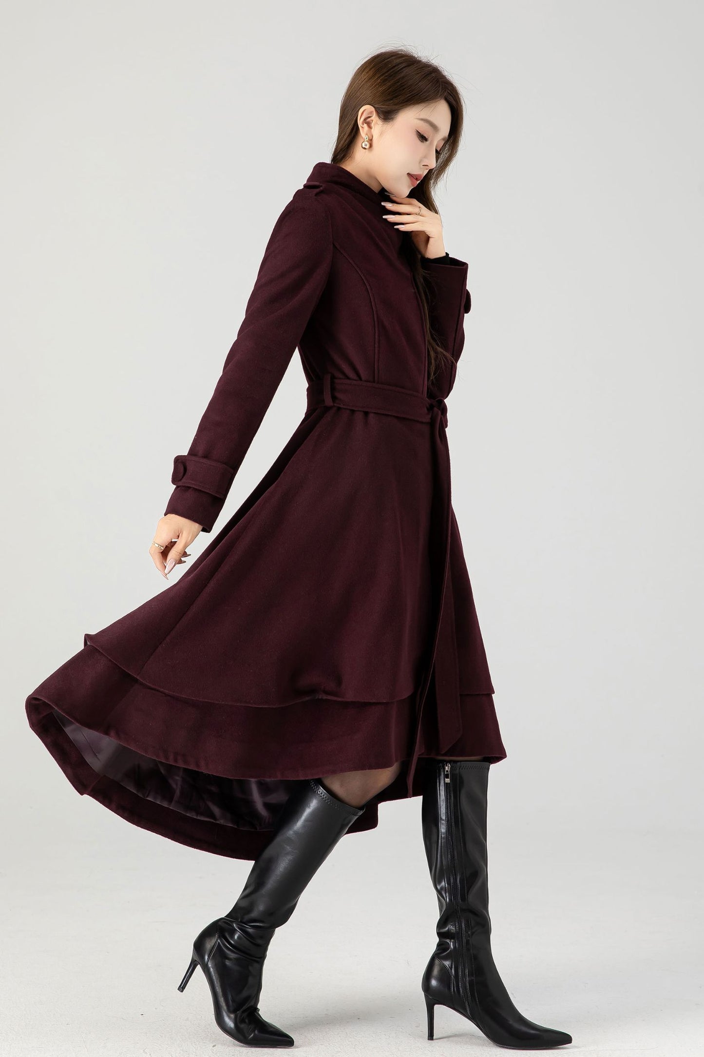 Burgundy Midi Asymmetrical Winter Wool coat 4603