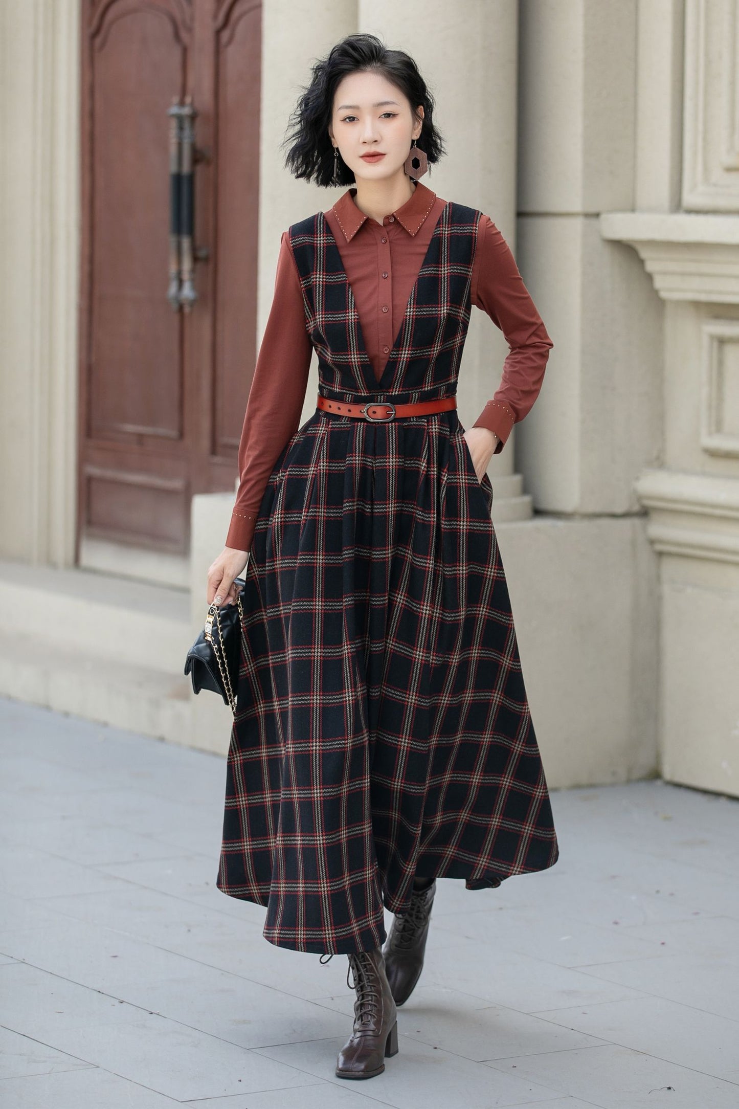 Fit and flare plaid pinafore wool dress women 5354