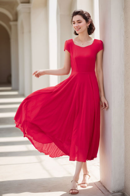 Red Chiffon Midi Dress - Fit and Flare with Sweetheart Neckline 5176