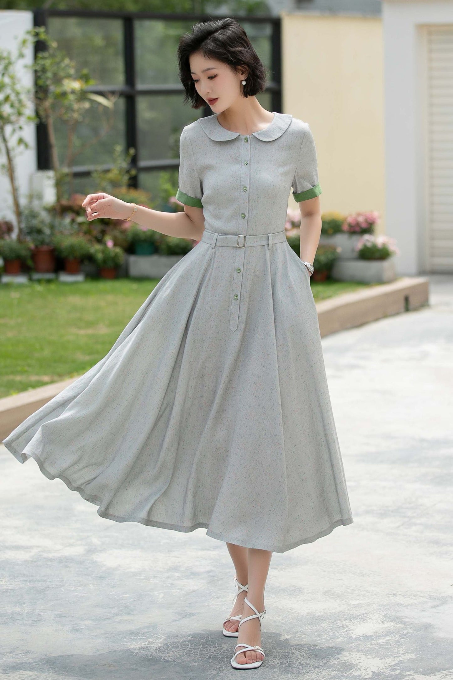 Grey midi Swing linen shirt Dress 5987 - S #CK2500324