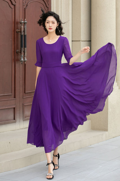 Purple Chiffon Maxi Dress - A-Line Silhouette with Flared Sleeves 5116