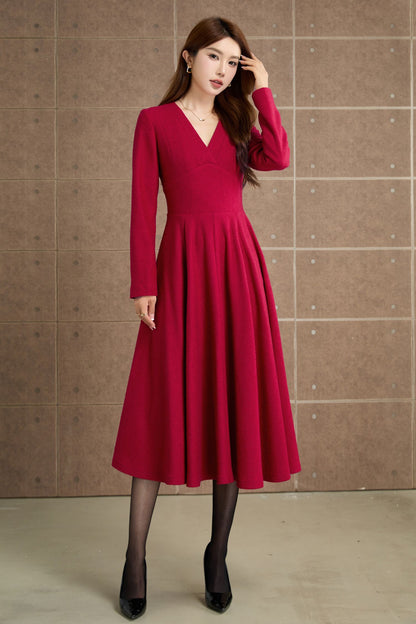 Vintage Wool Blend Midi Dress – Handmade Fit & Flare Winter Dress | Xiaolizi 5357