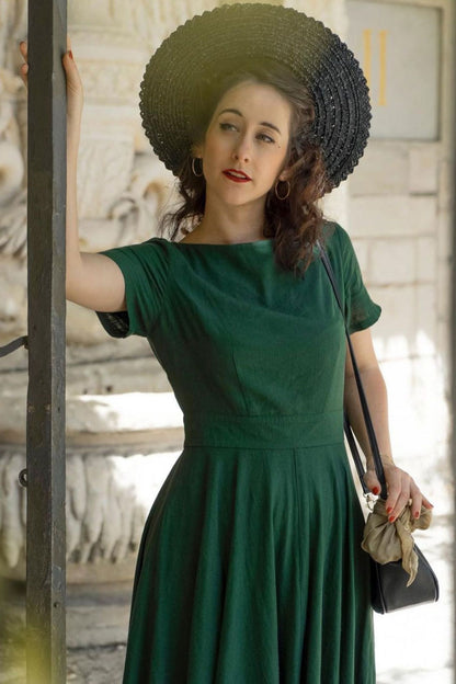 Vintage 1950s Short Sleeve Green Linen Midi Dress 3482