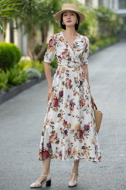 Floral Linen Cotton Wrap Midi Dress – Vintage V-Neck Summer Dress 6667