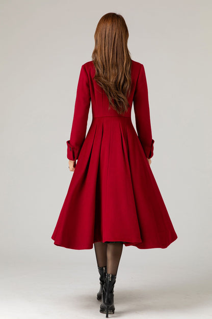 Red Wool Princess Coat - Fitted Waist, Flared Silhouette 5480