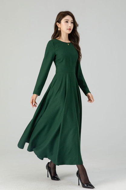 Green Wool Maxi Dress – Women’s Long Sleeve Fit and Flare Winter Dress 4551