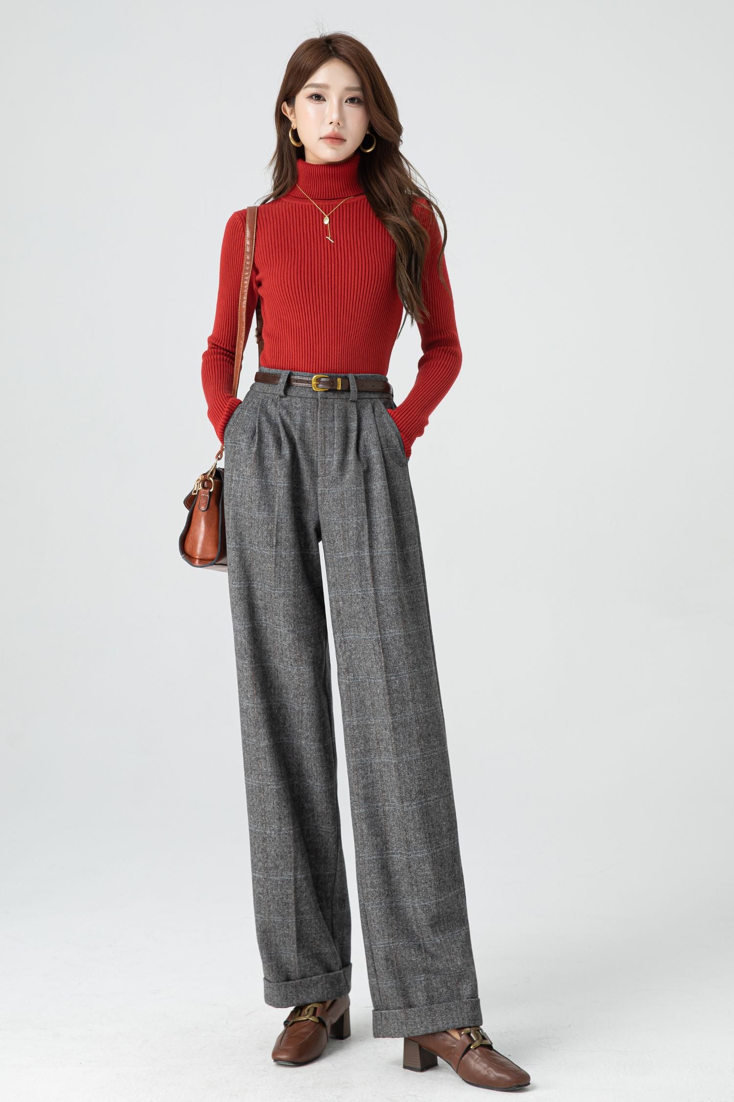 Gray Wool Wide Leg Pants – Vintage High Waist Winter Trousers 5320