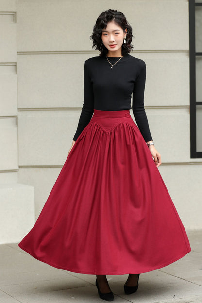 Burgundy Wool Maxi Skirt - Handmade High-Waisted Pleated 6420