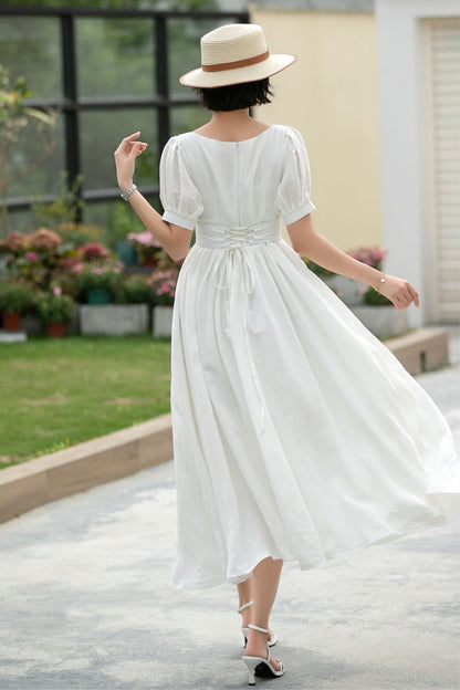 White Linen Midi Dress - Puff Sleeve, Empire Waist Swing 5983