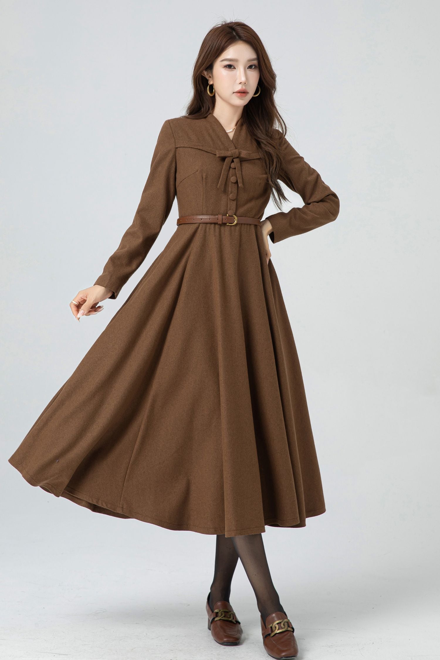 brown wool dress Maxi - Fit and Flare with Bow Detail 5300 Black & Cream Asymmetric HOL25DROP1 adding a touch of Size:EU 45 / US 12