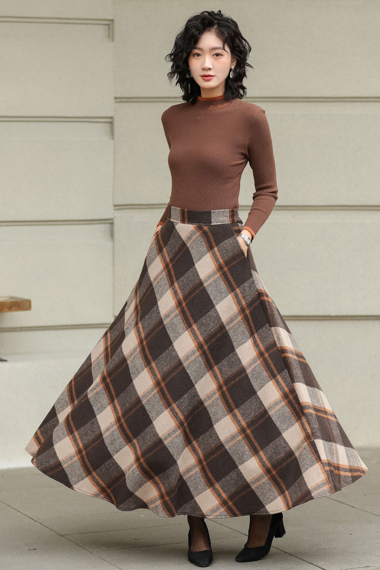 Plaid Wool A-Line Skirt – Brown Check Midi/Ankle Length, Handmade | Xiaolizi 6419