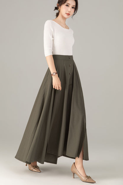 Olive Green Linen Cotton Maxi Skirt - Button-Up A-Line | Xiaolizi 5702