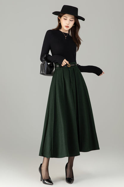 Army Green Wool Maxi Skirt - A-Line Vintage Elegance 6497