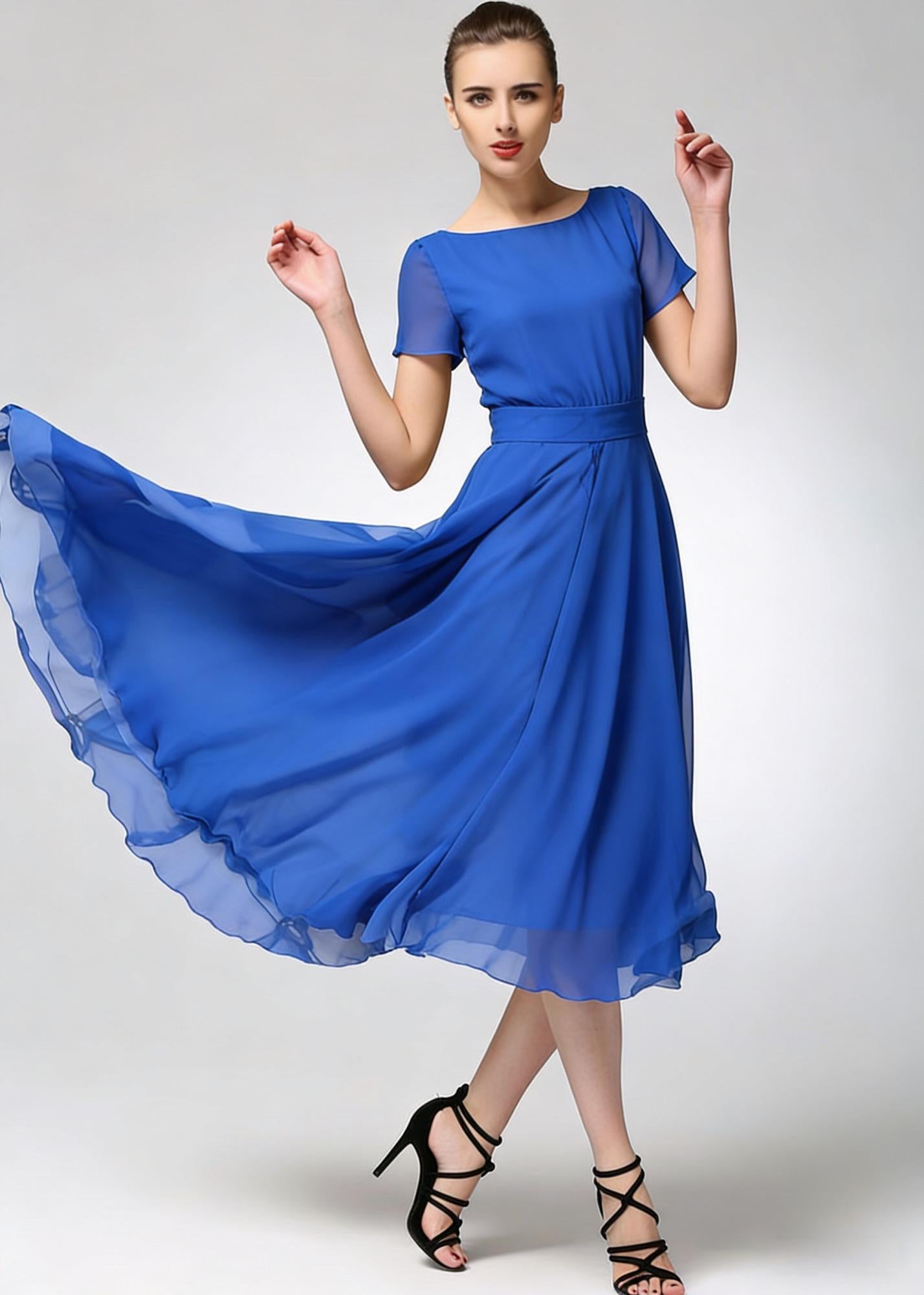 Beige Chiffon Midi Dress with Short Sleeves and Flowing Skirt | Xiaolizi 6782