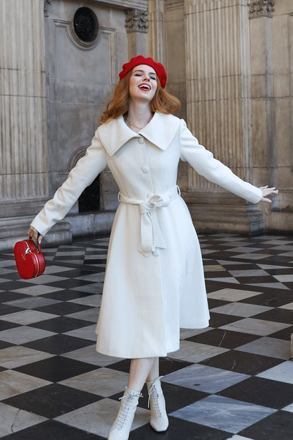 White Wool Swing Coat - Single-Breasted with Self-Tie Belt 4734