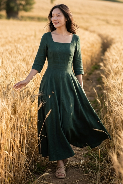 Handmade Dark Green Linen Maxi Dress – Square Neck Bridesmaid