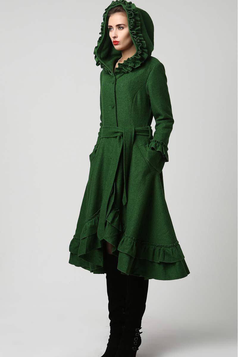 Womens Dark Green Wool Maxi Coat with Hood 1120#