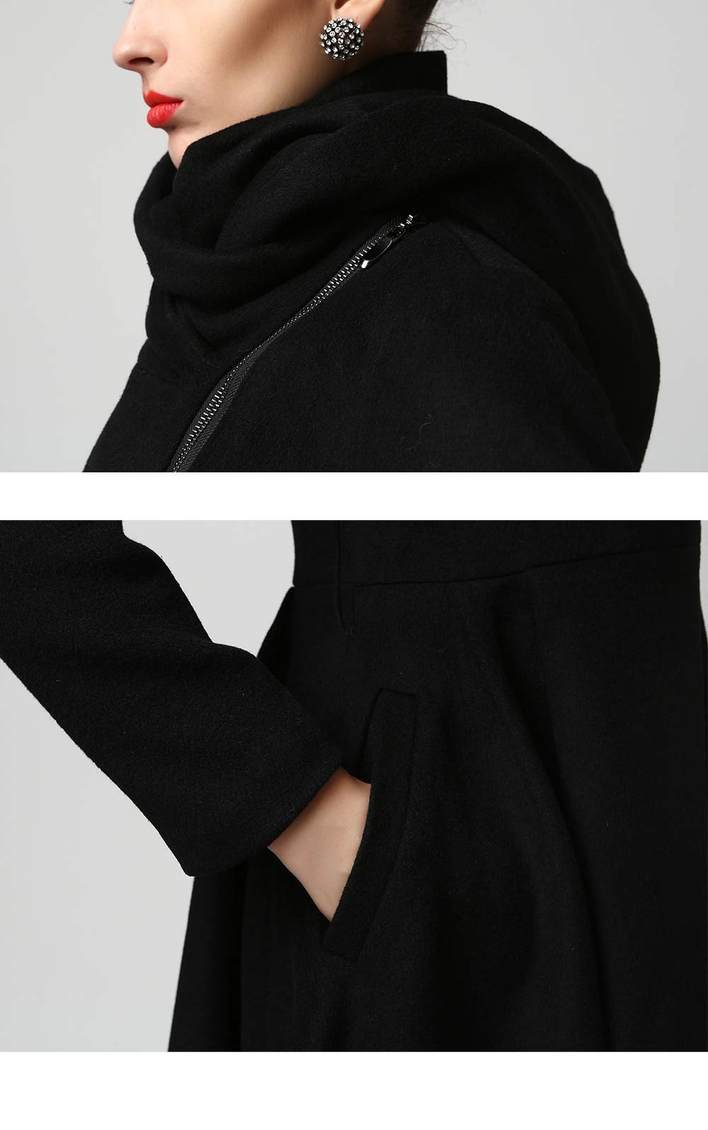 Black Winter Hooded Wool Coat 1121