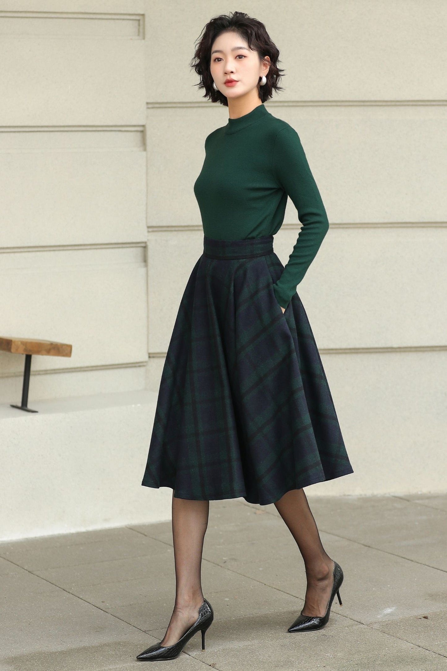 Knee length plaid winter wool skirt 6511