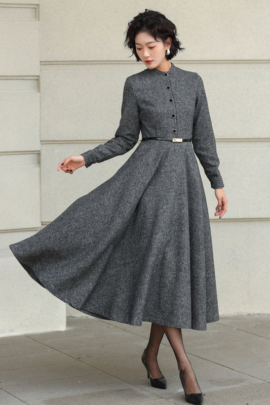 Wool A-Line Midi Gray Belted Vintage Style Dress 6508