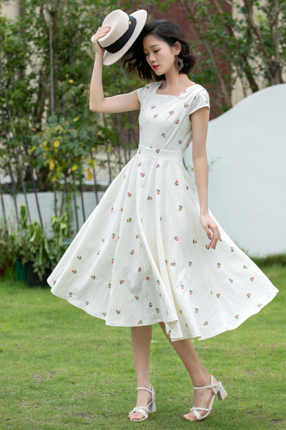 White Linen Fit and Flare Dress - Embroidered, Square Neckline 5203