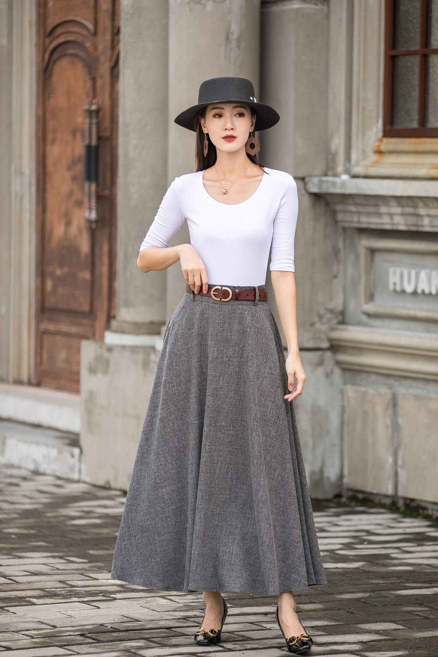 Gray A line High waist Linen Maxi Skirt with Pockets  2782