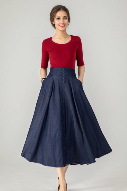 Navy Cotton Denim Midi Skirt - A-Line High Waist Button Front 6143