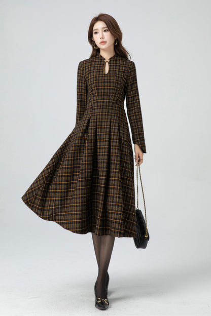 Plaid Wool Dress – Vintage Long Sleeve Fit & Flare Winter Midi | Xiaolizi 5302